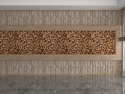 Modern Wooden Background Wall Featuring Lattice Border and Warm Brown Textured Panel 3d model