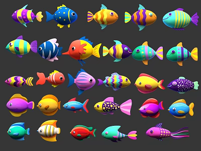 Colorful Cartoon Fish Wall Decor With Various Vibrant Designs For Home 3d model