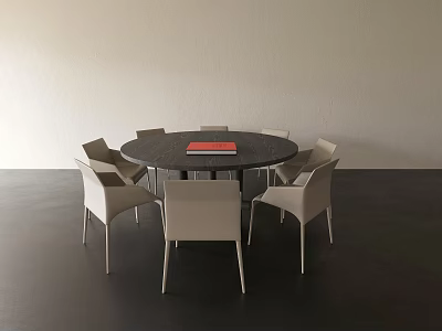 Modern Minimalist Round Black Dining Table With Beige Chairs And Red Book 3d model