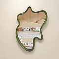 Leaf Shaped Mirror With Green Frame Reflecting Bedroom Bed And Striped Wall 3d model