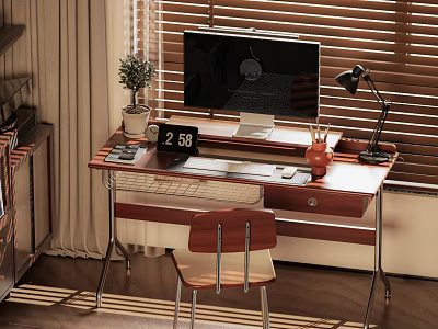 Modern Desk And Chair Set Home Office With Computer Monitor Lamp Clock And Potted Plant 3d model
