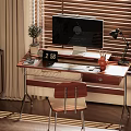 Modern Desk And Chair Set Home Office With Computer Monitor Lamp Clock And Potted Plant
