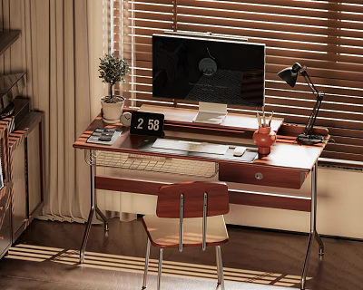 Modern Desk And Chair Set Home Office With Computer Monitor Lamp Clock And Potted Plant 3d model
