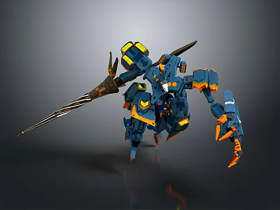 Blue Yellow And Orange Cybernetic Robot Character With Sharp Weapon And Mechanical Limbs 3d model