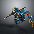 Blue Yellow And Orange Cybernetic Robot Character With Sharp Weapon And Mechanical Limbs