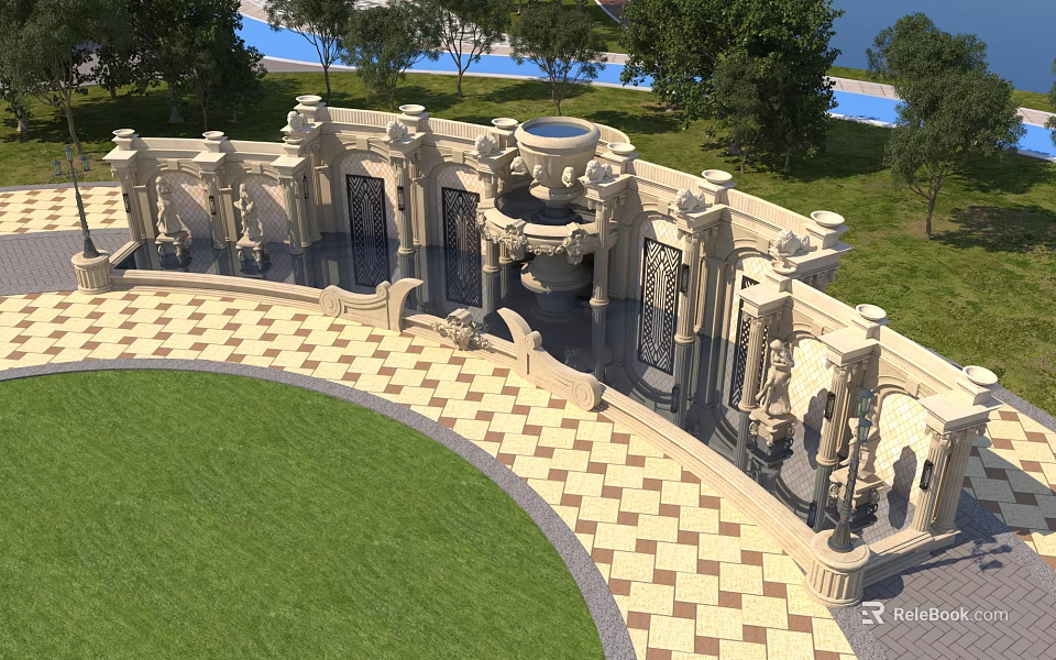 Decorative Outdoor Feature Wall With Intricate Stone Carvings Fountain And Lawn Surroundings 3d model 
