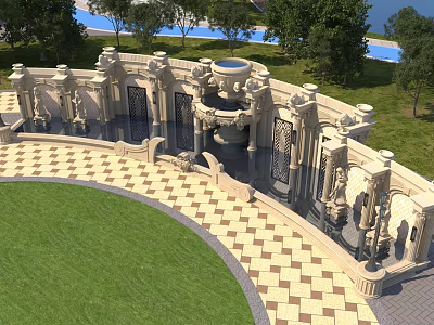 Decorative Outdoor Feature Wall With Intricate Stone Carvings Fountain And Lawn Surroundings 3d model