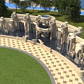 Decorative Outdoor Feature Wall With Intricate Stone Carvings Fountain And Lawn Surroundings