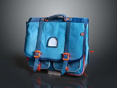 Blue Canvas Bag With Orange Buckles Transparent Window And Multiple Pockets 3d model