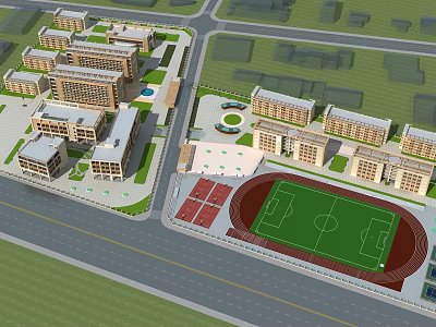 Aerial View Of School Campus With Classroom Buildings Sports Field And Running Track 3d model
