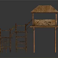 Traditional Bamboo Elevated Structure With Thatched Roof And Wooden Staircase