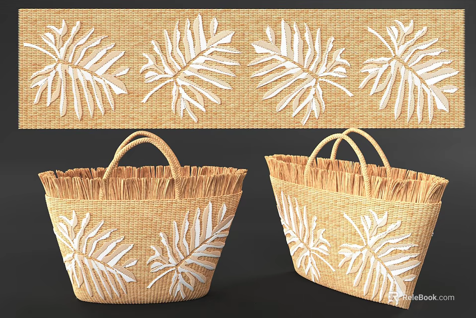 Natural Straw Beach Bags With White Palm Leaf Patterns And Fringe Handles 3d model 