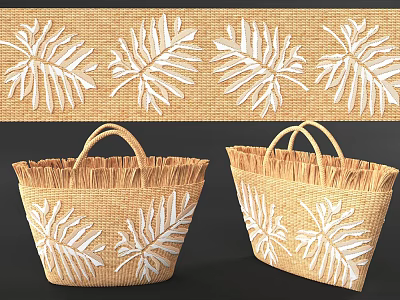 Natural Straw Beach Bags With White Palm Leaf Patterns And Fringe Handles 3d model