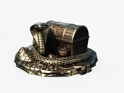 Decorative Ornament Set With Golden Treasure Chest Coiled Snake Small Container And Surrounding Coins 3d model