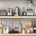 Organized Kitchen Shelves Displaying Assorted Cooking Utensils Pots Blender Knives Jars And Green Plants
