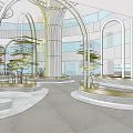 Elegant Modern Interior Space With Arched Structures Circular Platforms And Green Plants 3d model