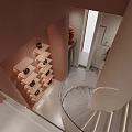 Modern Clothing Store Interior With Spiral Staircase Clothes Racks Displayed Bags And Soft Tones