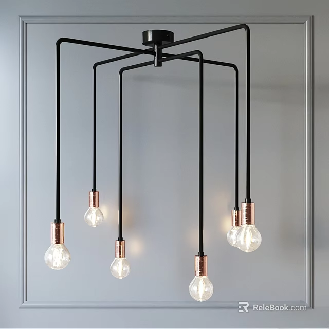 Modern Black Metal Chandelier With Copper Base And Clear Glass Bulbs 3d model 
