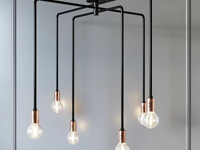 Modern Black Metal Chandelier With Copper Base And Clear Glass Bulbs 3d model