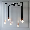 Modern Black Metal Chandelier With Copper Base And Clear Glass Bulbs
