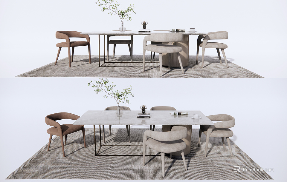 Modern Minimalist Dining Set With Marble Tabletop Upholstered Chairs Vase Decoration And Area Rug 3d model 