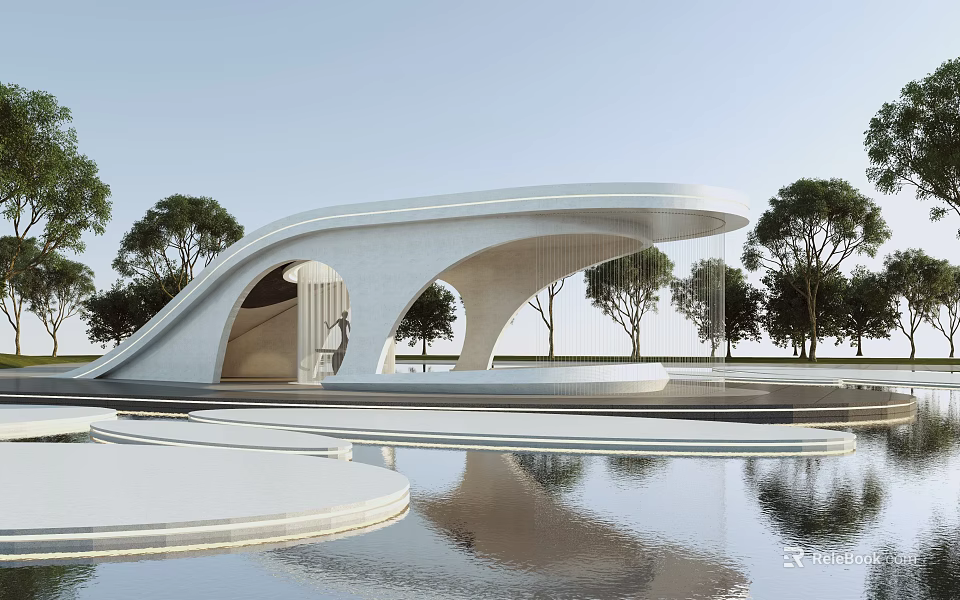 Modern White Pergola with Curved Structure Surrounded by Trees Water Pool and Reflection 3d model 