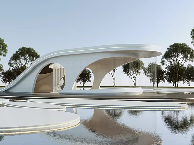 Modern White Pergola with Curved Structure Surrounded by Trees Water Pool and Reflection 3d model