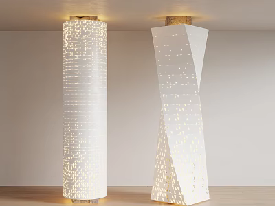 White Illuminated Columns with Perforated Design in Modern Interior with Light Walls and Wooden Floors 3d model