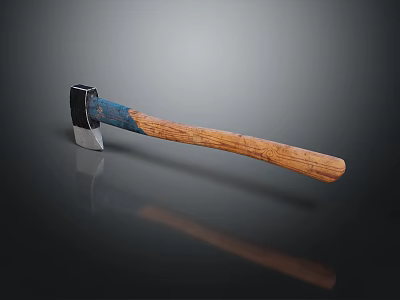 Axe With Wooden Handle And Blue Accent Metal Head On Reflective Surface 3d model