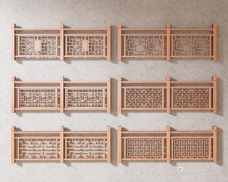 Wooden Traditional Chinese Railings Featuring Intricate Carved Patterns And Decorative Lattice Design 3d model 