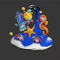 Vibrant Marine Character And Creatures With Seahorse Starfish Spotted Fish Blue Base And Colorful Balls