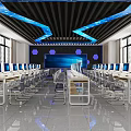 School Modern Computer Classroom With Rows Of Desks Blue Ceiling Decor And Windows 3d model