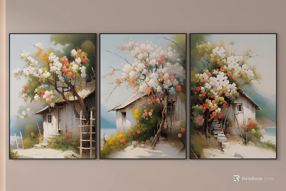 Triptych Wall Art With Rustic Cottages And Colorful Flower Trees 3d model 