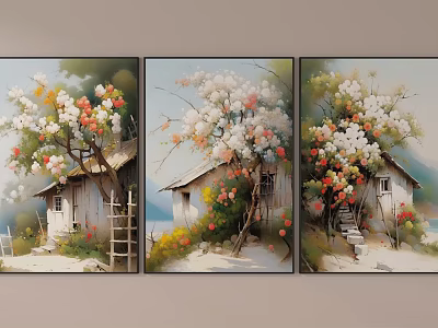 Triptych Wall Art With Rustic Cottages And Colorful Flower Trees 3d model
