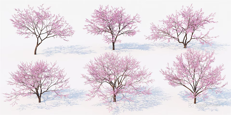 Pink Blossom Trees With Different Postures On Snowy White Ground 3d model