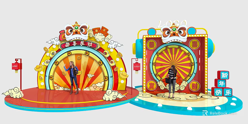 Chinese New Year Scene With Gong Xi Fa Cai Banner Lion Head And Fortune Wheel 3d model 