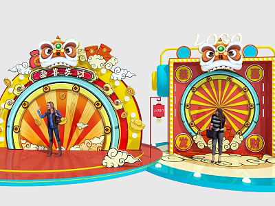 Chinese New Year Scene With Gong Xi Fa Cai Banner Lion Head And Fortune Wheel 3d model