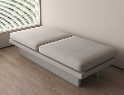 Window Bench With Two Cushions Near Wooden Floor And Blinds 3d model