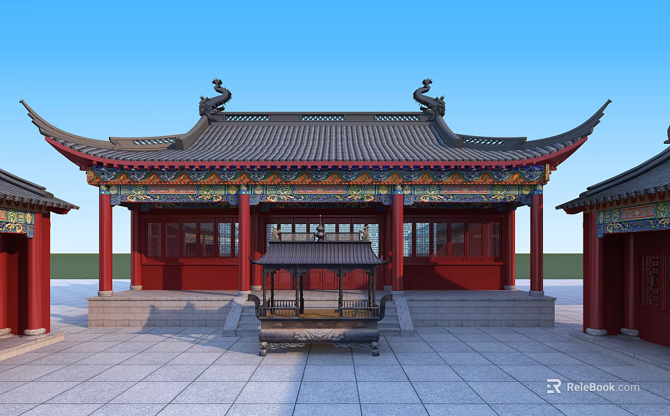 Ancient Chinese Architecture Featuring Decorative Cornices Painted Beams Red Pillars And Stone Courtyard 3d model 