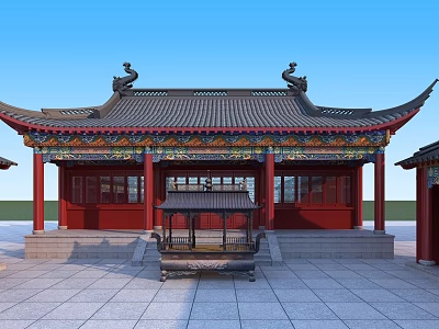 Ancient Chinese Architecture Featuring Decorative Cornices Painted Beams Red Pillars And Stone Courtyard 3d model