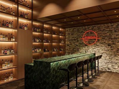 Stylish Bar Interior With Shelves Of Bottles Green Counter Stools Stone Wall And Neon Sign 3d model