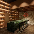 Stylish Bar Interior With Shelves Of Bottles Green Counter Stools Stone Wall And Neon Sign