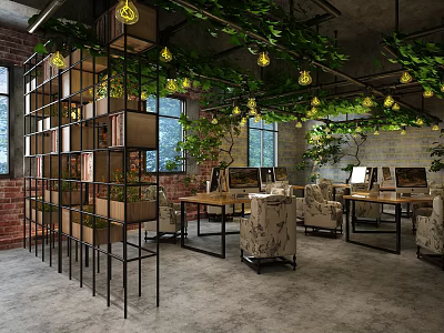 Public Office Space with Green Plants Metal Shelves Yellow Pendant Lights Red Brick Walls Computers 3d model
