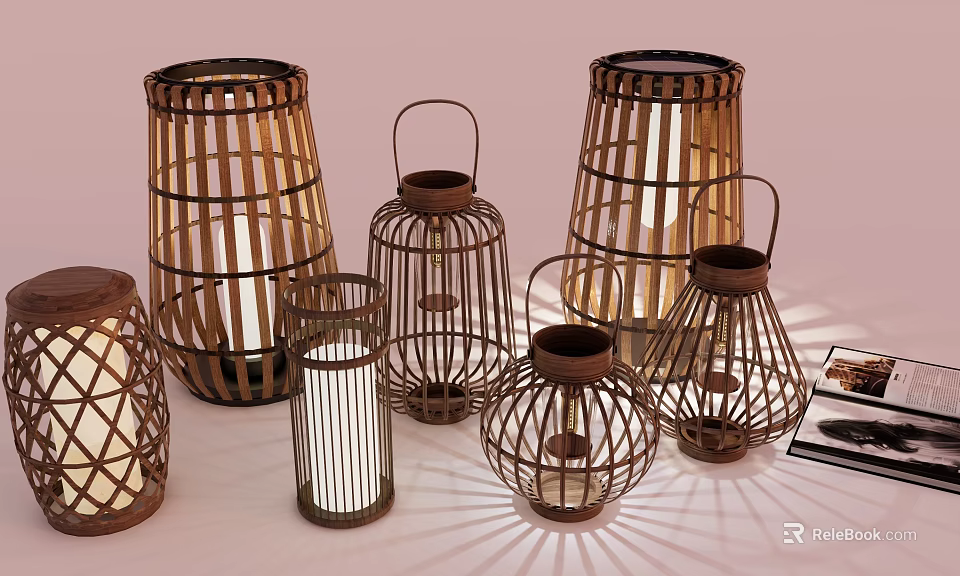 Bamboo Woven Outdoor Lantern Lights With Various Sizes For Decorative Ambient Glow 3d model 