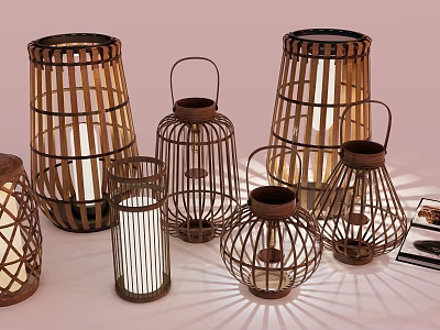 Bamboo Woven Outdoor Lantern Lights With Various Sizes For Decorative Ambient Glow 3d model