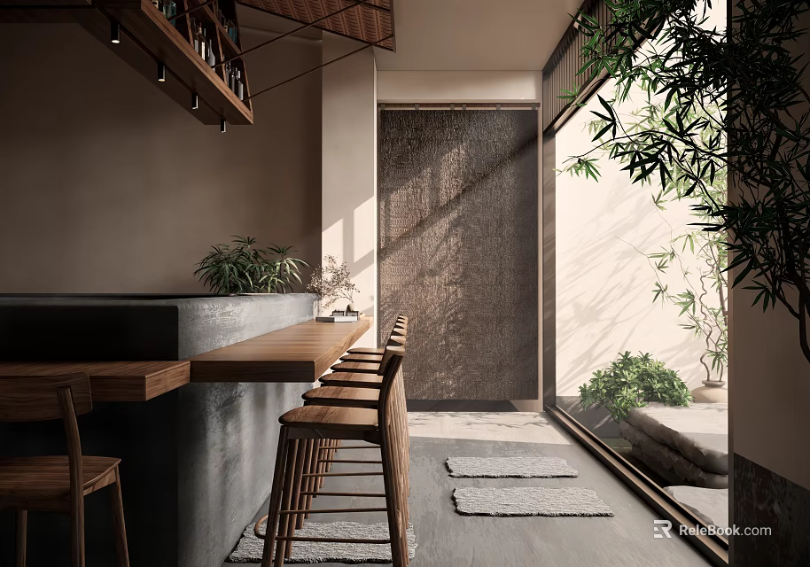 Modern Bar Interior Design With Wooden Counter High Stools And Green Plants 3d model 
