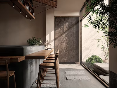 Modern Bar Interior Design With Wooden Counter High Stools And Green Plants 3d model