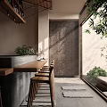 Modern Bar Interior Design With Wooden Counter High Stools And Green Plants