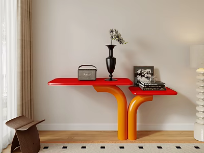 Stylish Console Table With Red Tabletop Orange Legs Black Vase Flowers Vintage Radio And Books 3d model