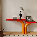 Stylish Console Table With Red Tabletop Orange Legs Black Vase Flowers Vintage Radio And Books